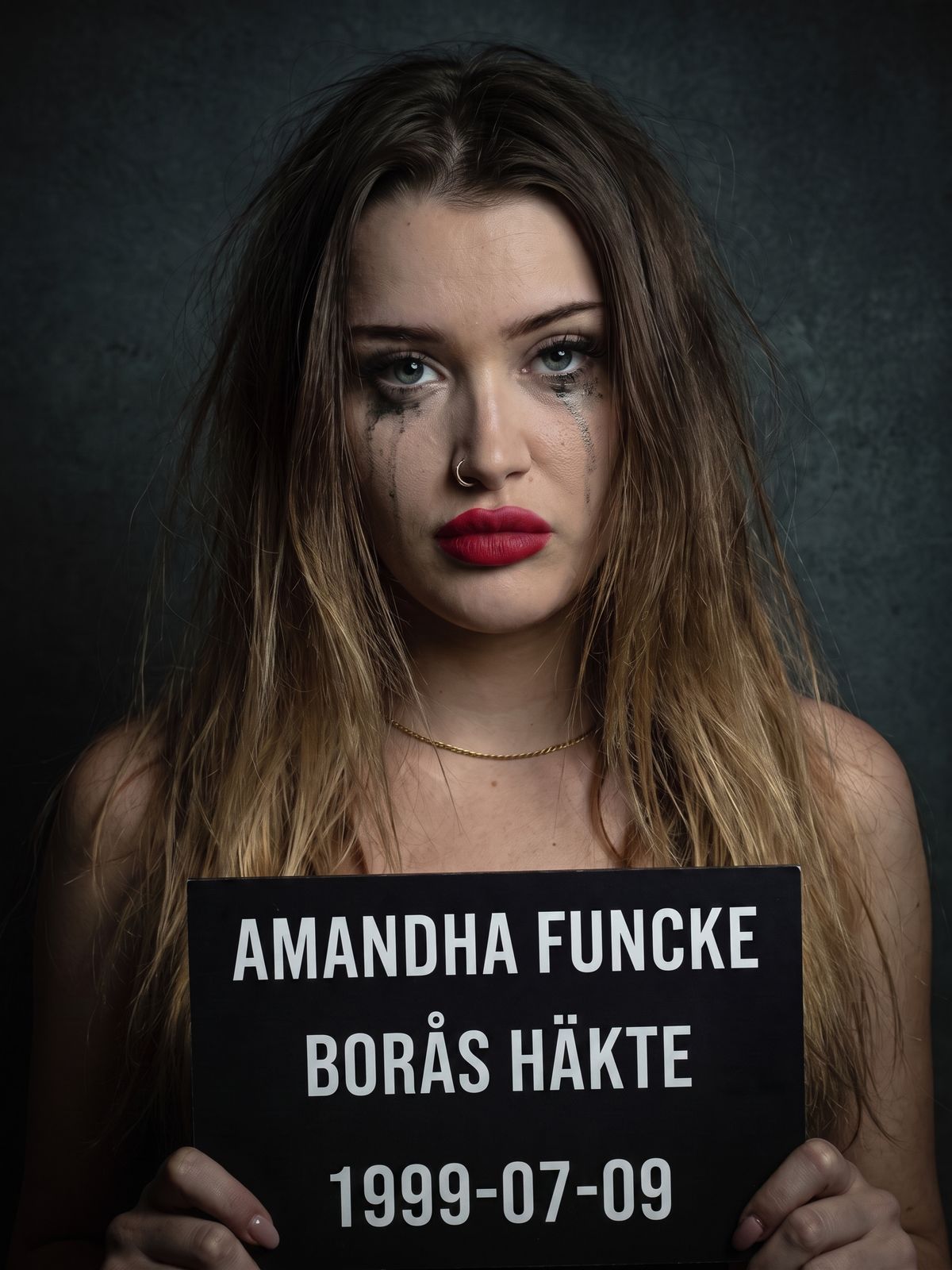 Amandha Funcke – mugshot med skylt: Amandha Funcke, Borås häkte, 1999-07-09